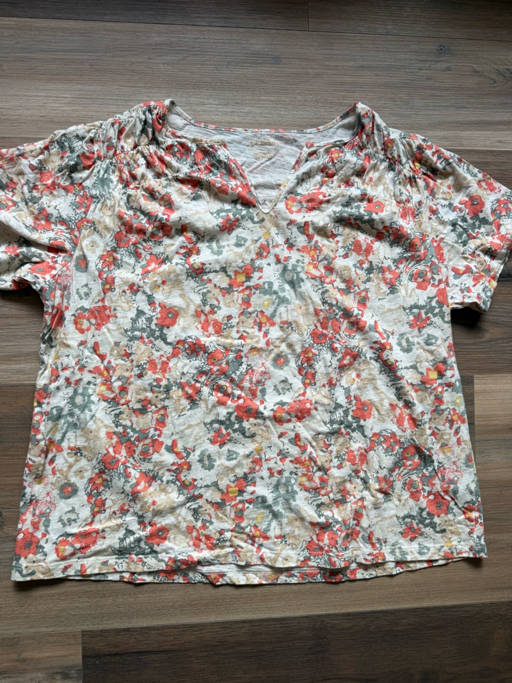 L.L. Bean Floral V-Neck Short Sleeve Top in Cream, Coral, Olive
